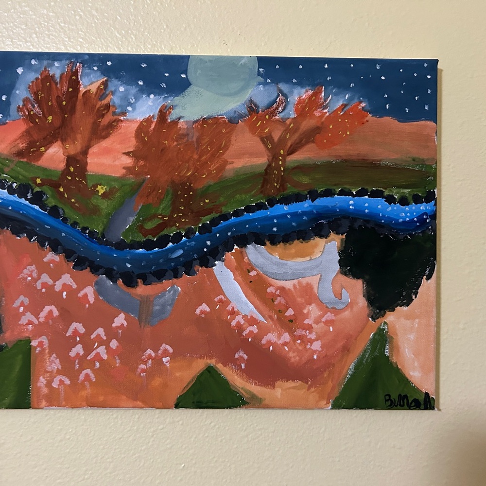 Abstract Landscape Canvas Wall Art in Blue and Coral:handmade